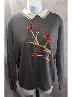 Adrian Delafield Vintage Embroidered Cardinal Sweatshirt With Collared Neck Gray
